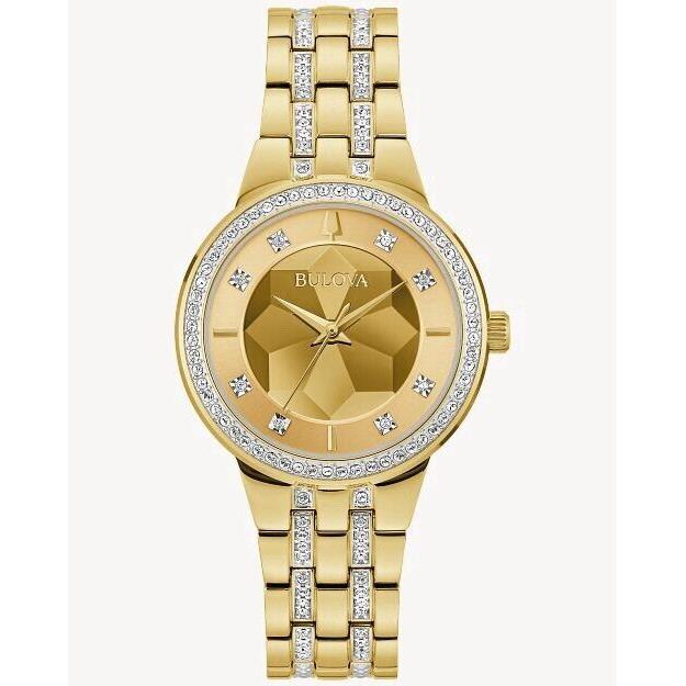 Bulova Phantom Quartz Crystal Champagne Dial Ladies Watch 97L176 - Dial: Champagne, Band: Gold-tone, Bezel: Gold-tone