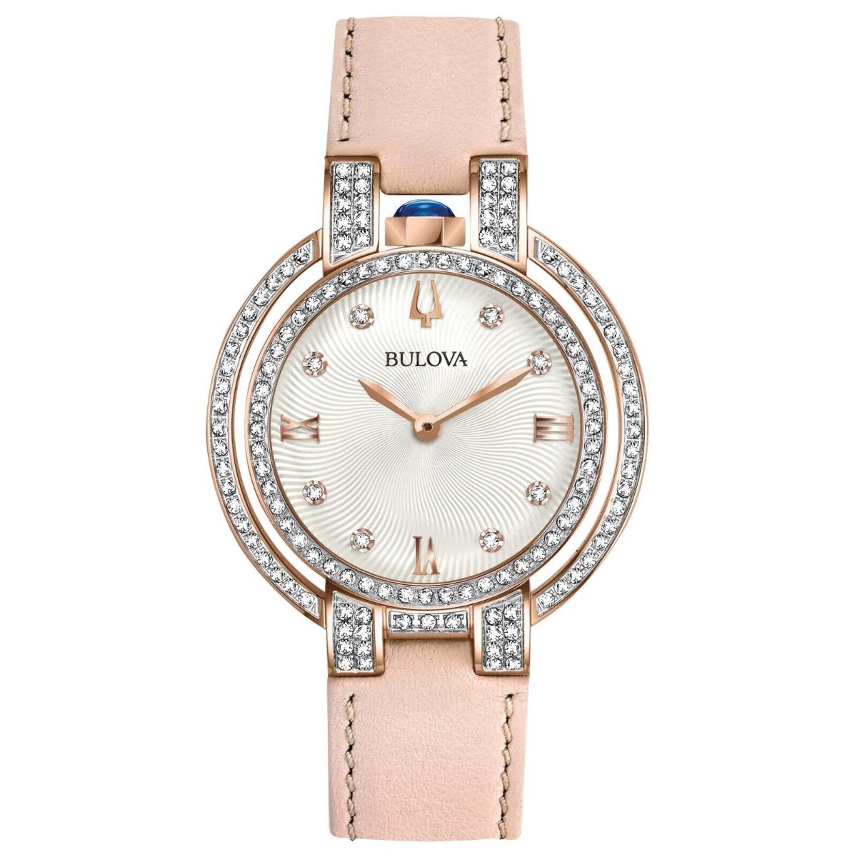 Bulova Rubaiyat Women`s Classic Diamond Accent Quartz Pink Watch 35mm 98R252 - Dial: Silver, White, Band: Pink