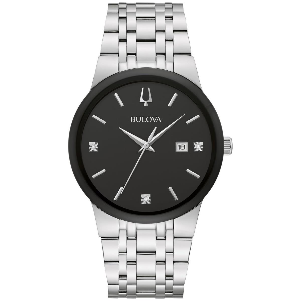 Bulova Men Modern Silver Stainless Diamond Quartz Watch Black Dial 40mm 96D154 - Black, Silver, Quartz