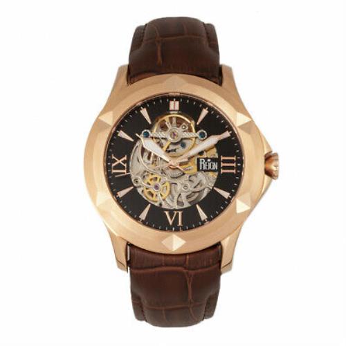 Reign Dantes Men`s Automatic Skeleton Brown Leather Rose Gold Watch HR4706