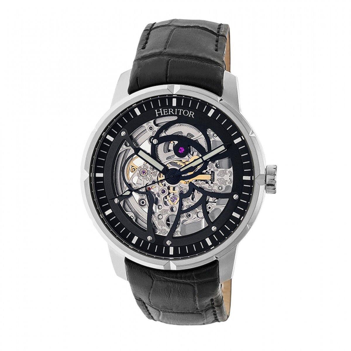 Heritor Automatic Ryder Men`s Skeleton Black Leather Silver Watch HR4602
