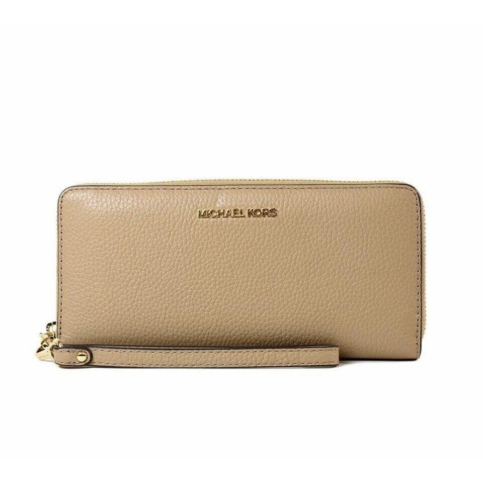 Michael Kors Jet Set Continental Large Wristlet Pebbled Leather Camel