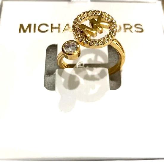 Michael Kors MK Logo Yellow Gold Ring Crystals Pave MKJ7328710 Size 6 + MK Box