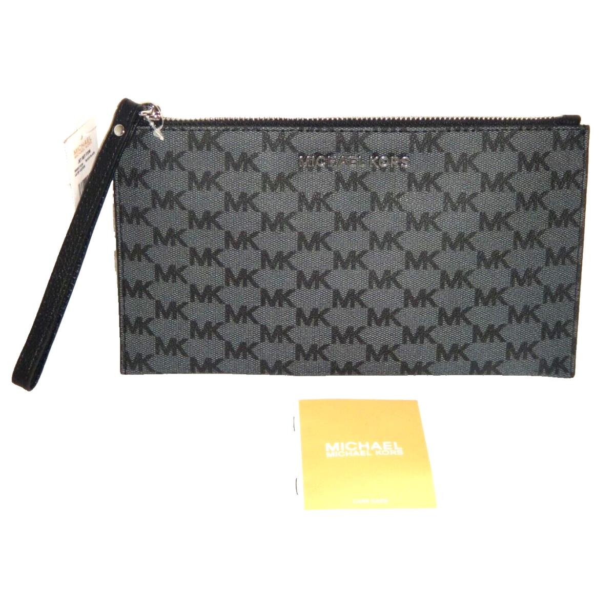 Michael Kors Women`s Jet Set MK Signature LG Clutch Wristlet Wallet Black Silver