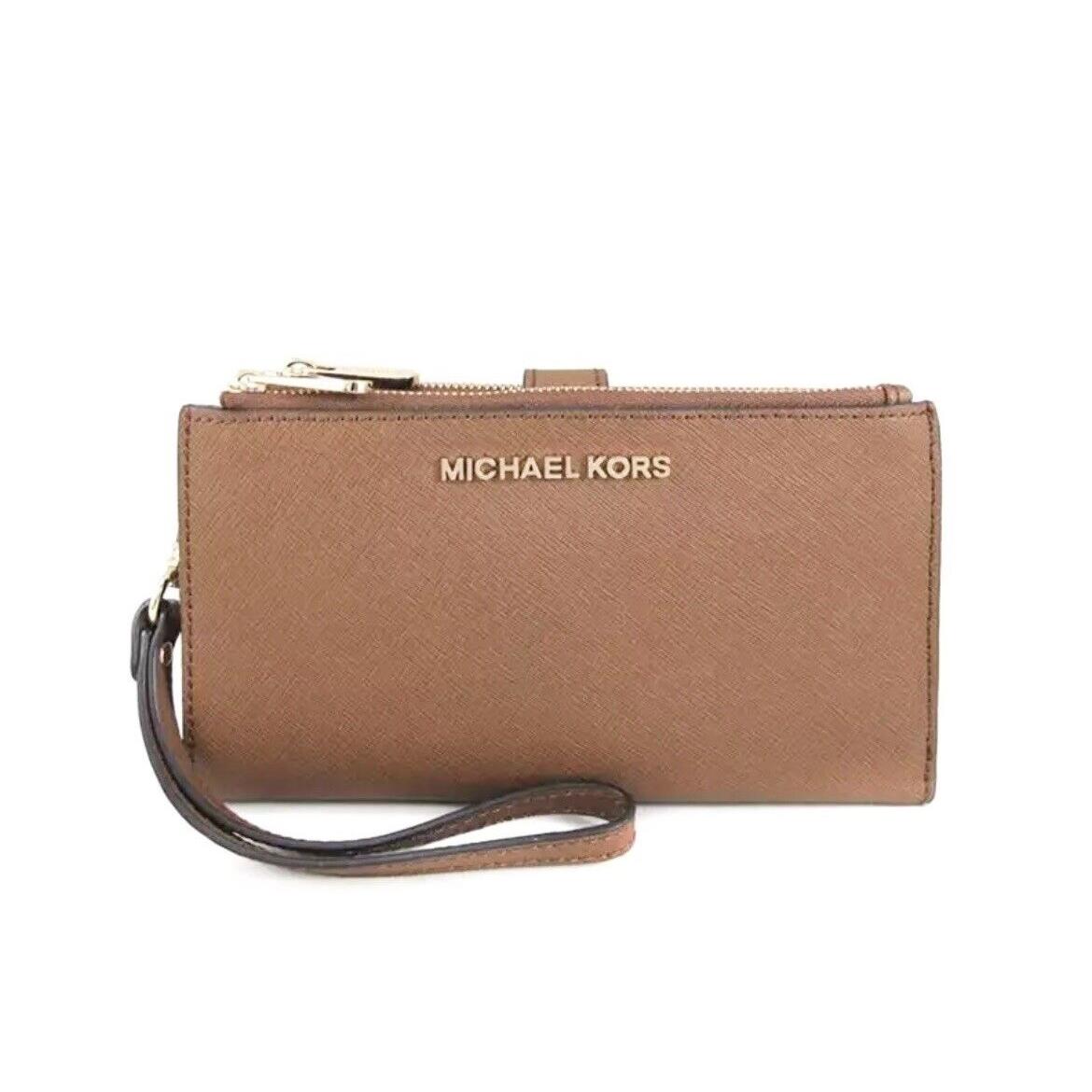 Michael Kors Jet Set Travel Luggage Leather Large Double Zip Wristlet Wallet - Brown, Exterior: Brown