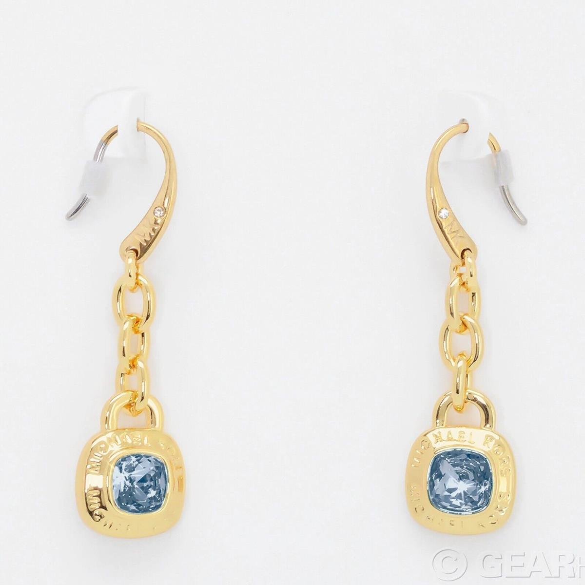 Michael Kors Womens MK Dangle Drop Earrings w/ Blue Crystals Gold Tone Brass