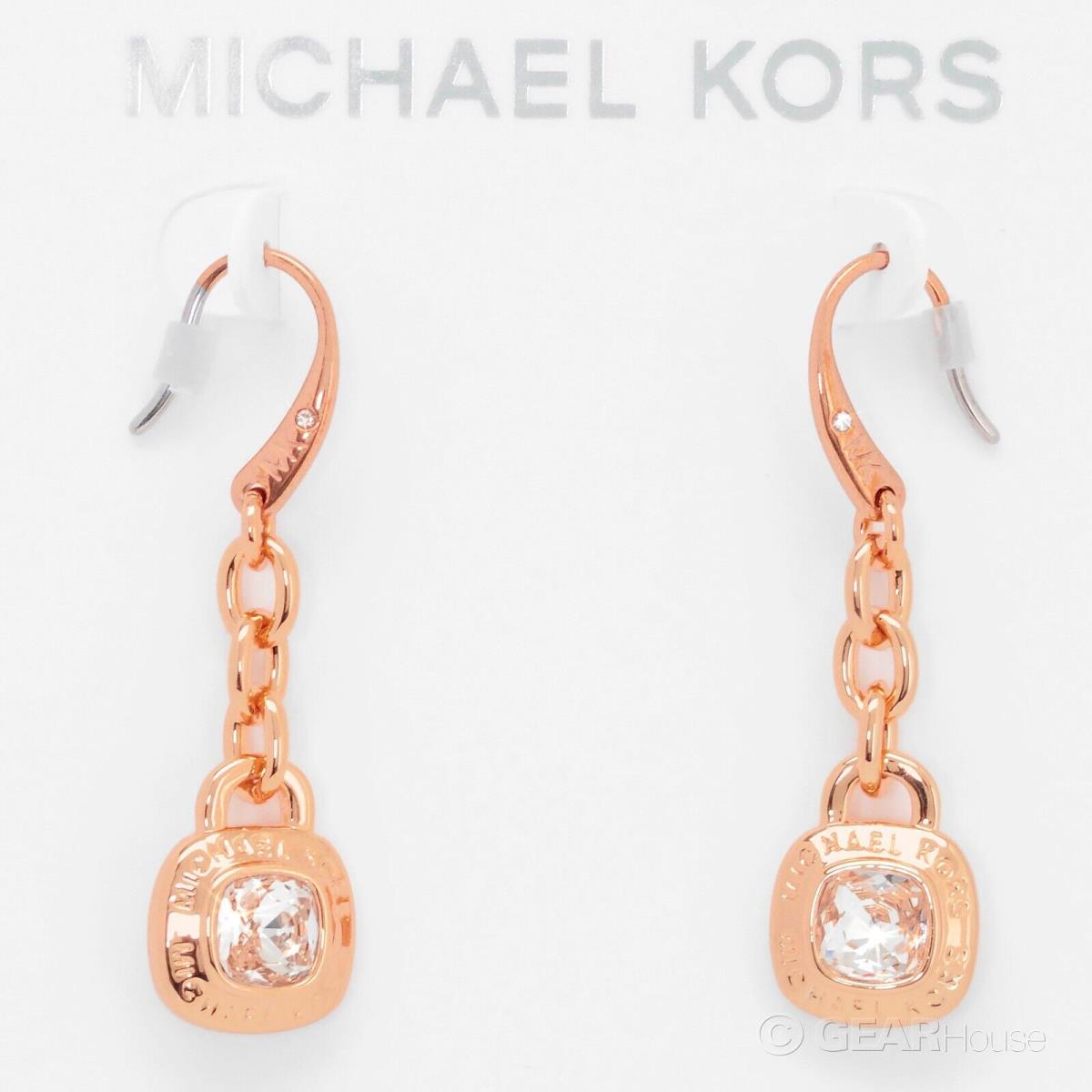 Michael Kors Womens MK Dangle Drop Earrings w/ Crystals Rose Gold Tone Brass