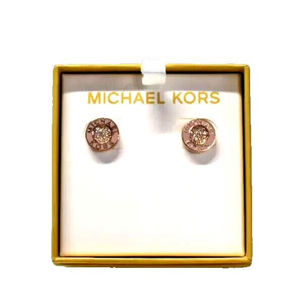 Michael Kors Rose Gold Mauve Crystal Round Logo Stud Earrings MKJ8223 - Box