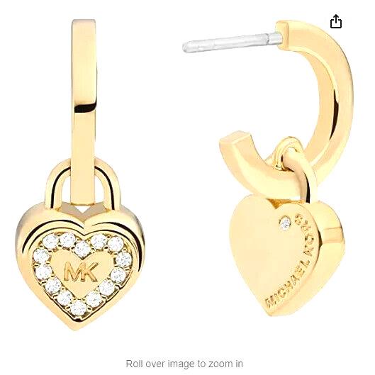 Michael Kors Gold Tone Crystals Heart Shape Drop Hoop Earrings MKJ7882 -box