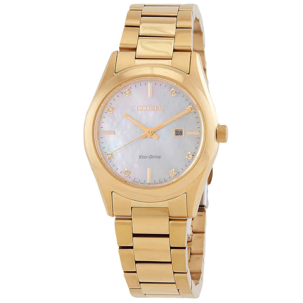 Citizen Sport Luxury Eco-drive White Mop Dial Ladies Watch EW2702-59D - Dial: White Mother of Pearl, Band: Gold-tone, Bezel: Gold-tone