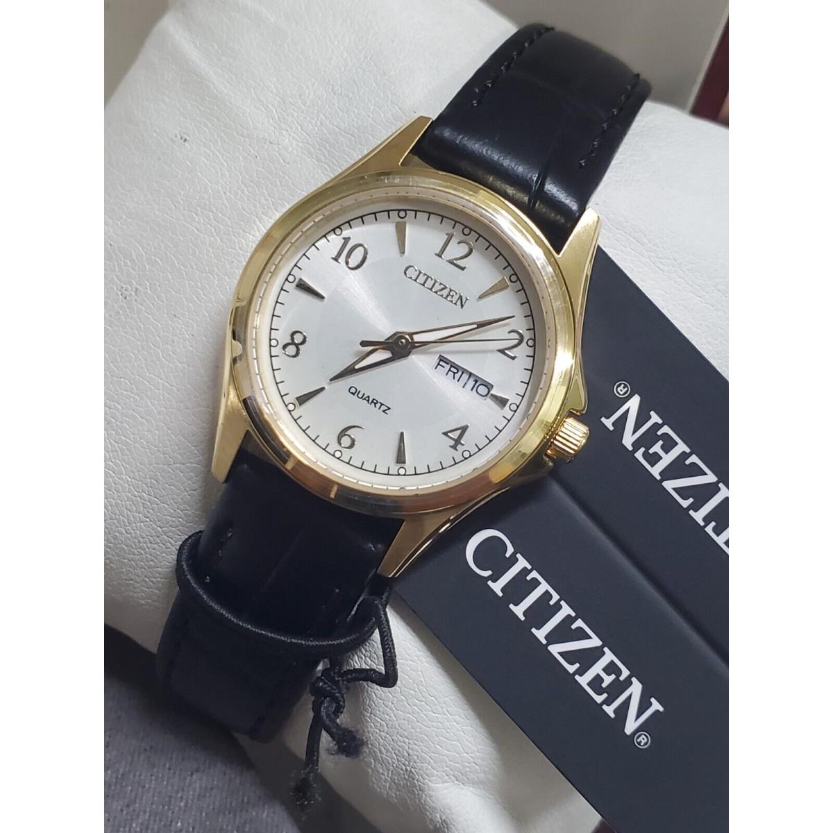 Citizen Women`s Watch EQ0593-26A Quartz 27mm Silver Dial Gold Black Leather Band