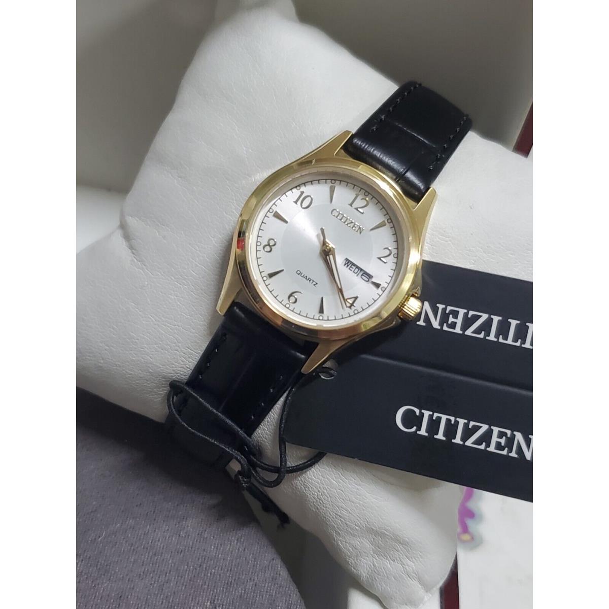 Citizen Women`s Watch EQ0593-26A Quartz 27mm Silver Dial Gold Black Leather Band