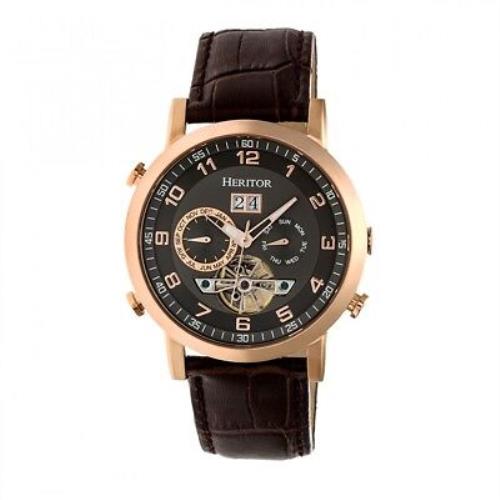 Heritor Automatic Edmond Men`s Black Leather Rose Gold Watch w/ Date HR6205 - Black Dial, Brown Band, Rose Gold Bezel