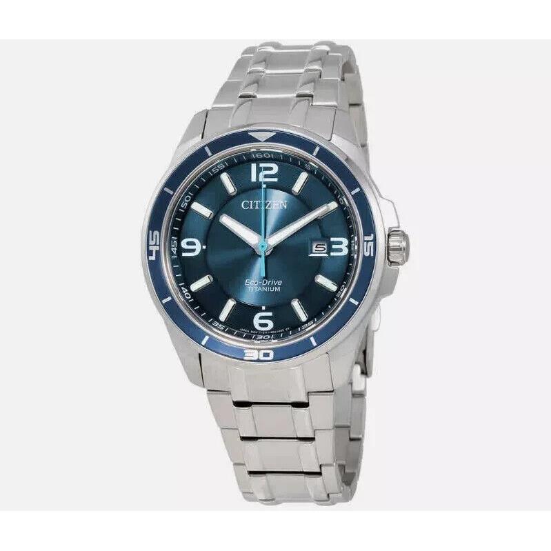 Citizen Men`s Eco-drive Titanium Silver Blue Dial W Date Watch BM6929-56L