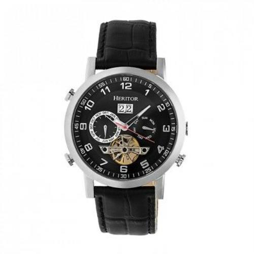 Heritor Automatic Edmond Men`s Black Leather Silver Watch w/ Date - Black HR6202