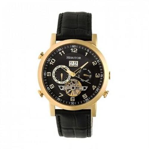 Heritor Automatic Edmond Men`s Black Leather Gold Watch w/ Date - Black HR6204