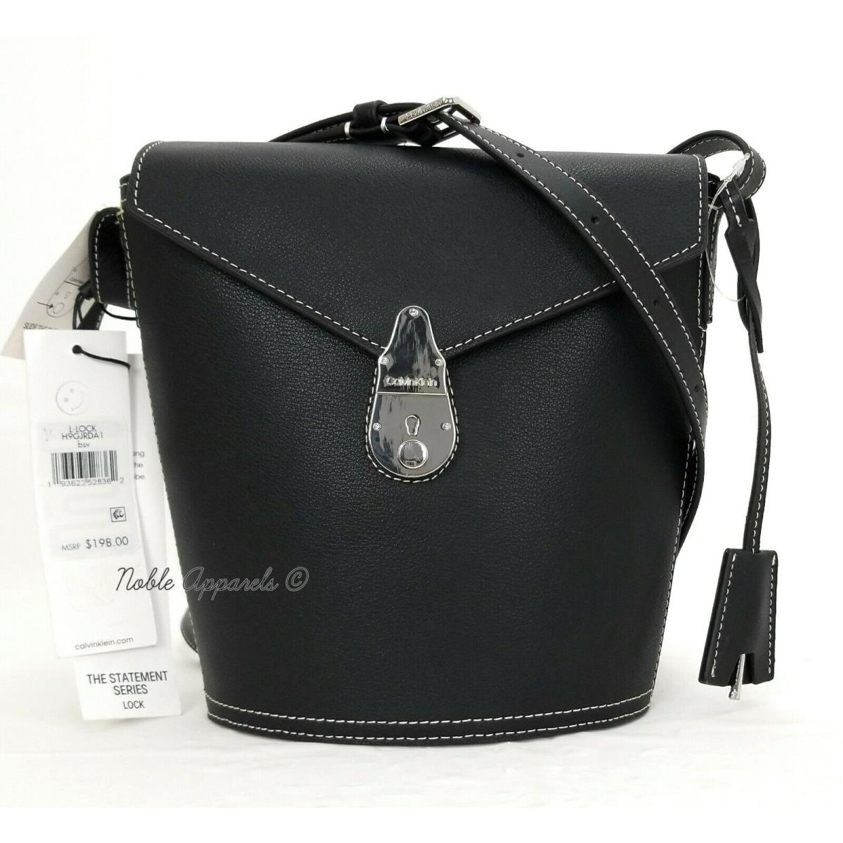 Calvin Klein Womens Lock Daytonna Leather Bucket Bag Crossbody Black/silver