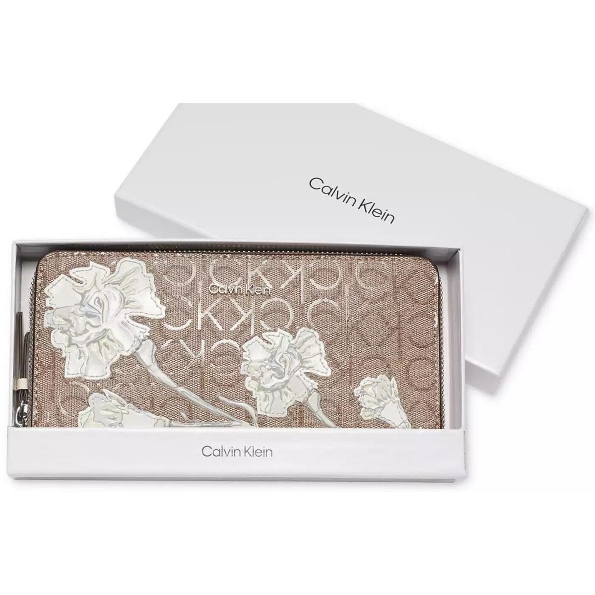 Calvin Klein Floral Logo Embossed Zip Around Wristlet Wallet Clutch Bag +box