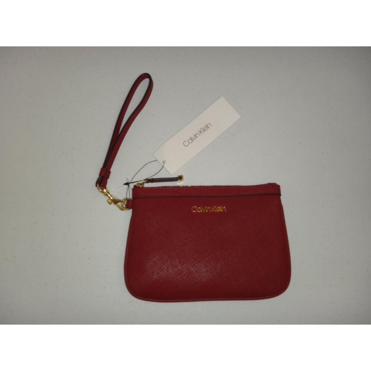 Calvin Klein Women`s Wristlet Clutch Wallet Red Saffiano Leather Gold H9GL1KX1