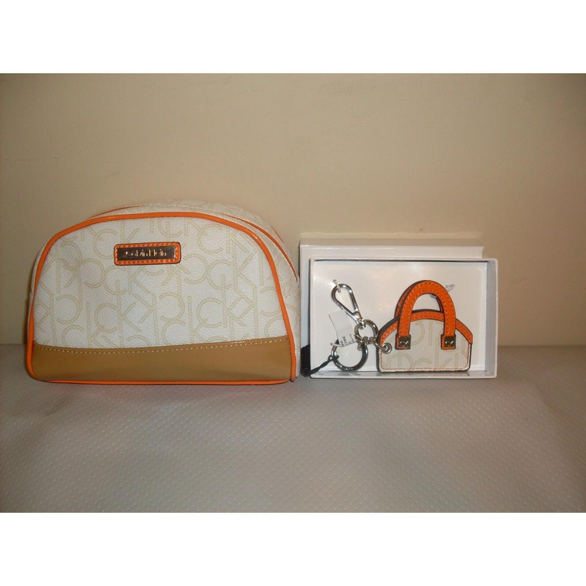 Calvin Klein Make up Bag with Matching Key Chain Off White/champagne