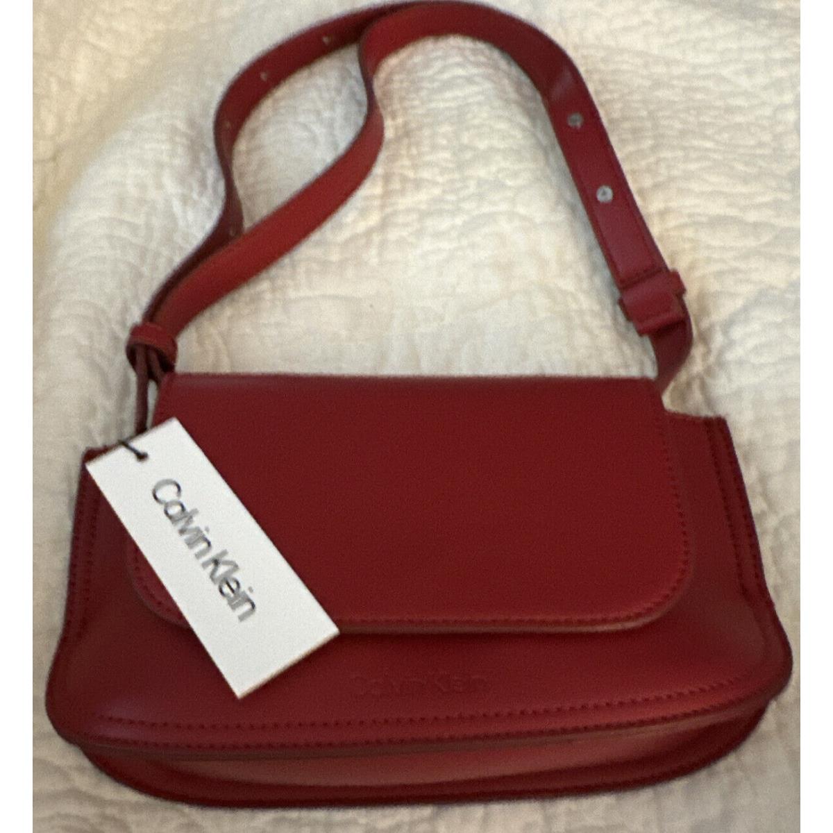 Calvin Klein Women s Red Feux Leather Flap Snap Detachable Strap Crossbody