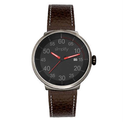Simplify The 7100 Leather-band Watch W/date - Dark Brown/red