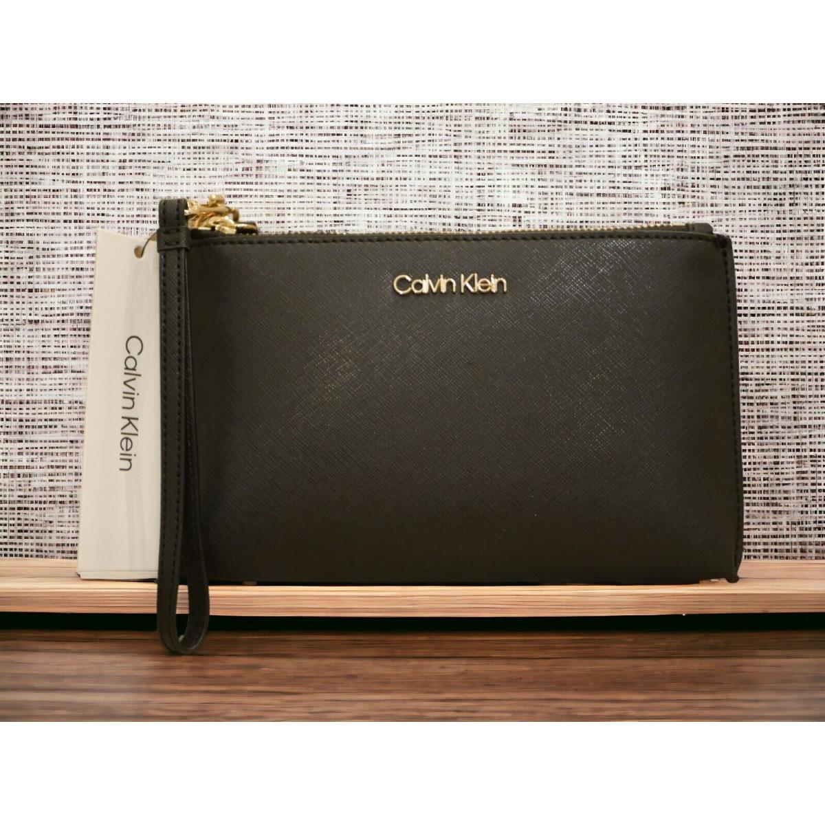 W Tags Calvin Klein Black Gold Wristlet Large Wallet Zipper Logo Purse