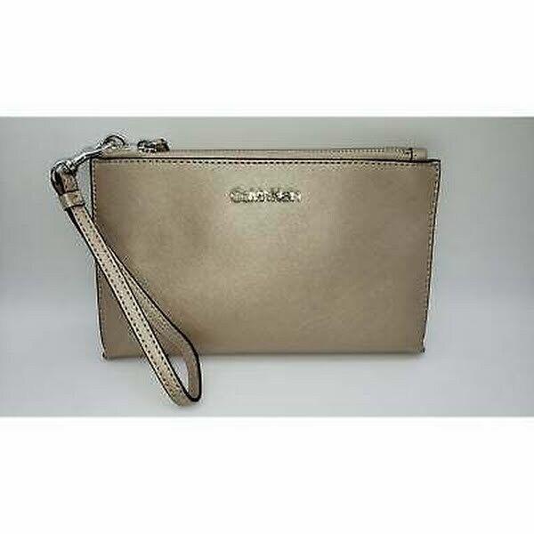 Calvin Klein Saffiano Leather Wristlet Metallic Taupe/silver