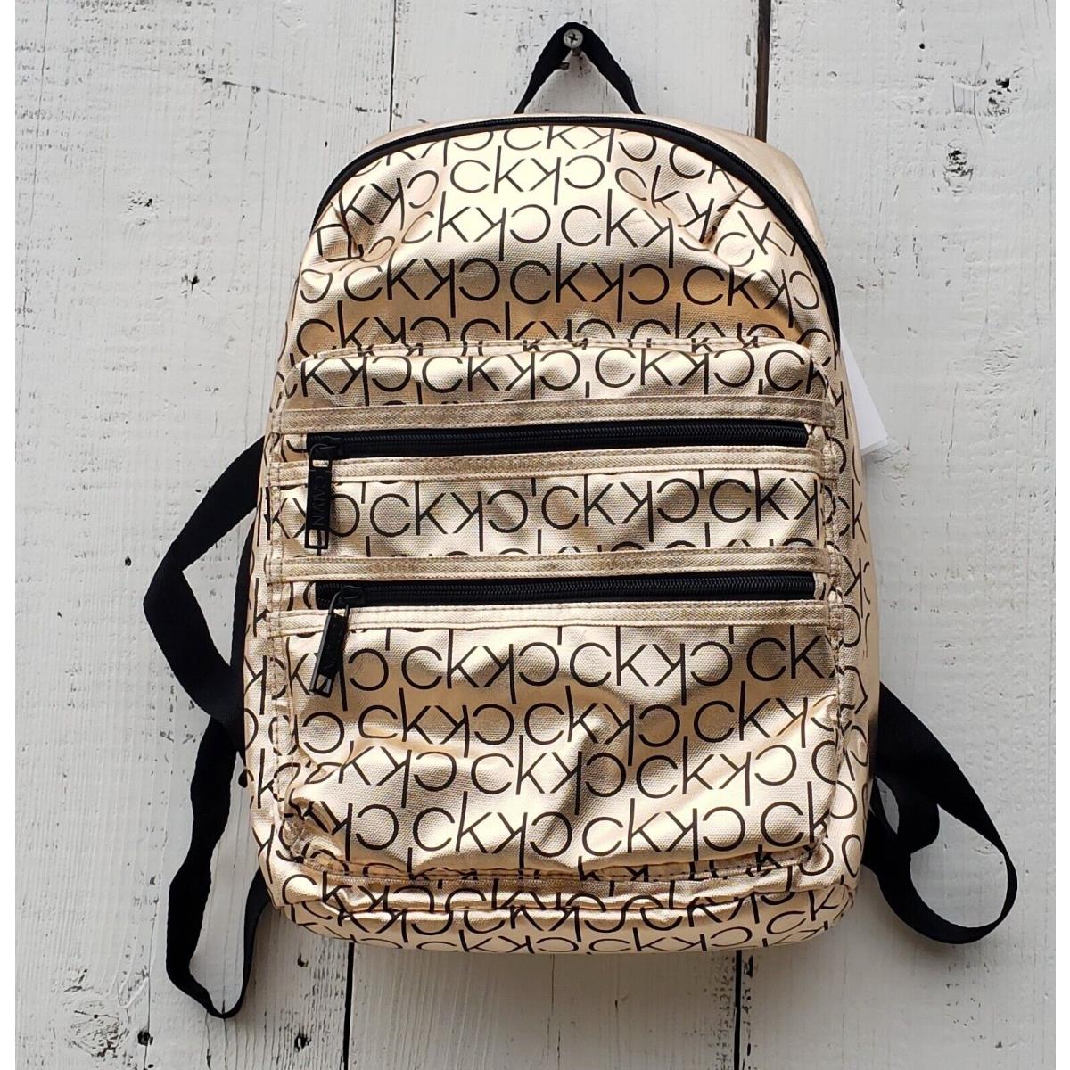 Calvin Klein CK Gold Metallic Logo Print Designer Backpack Women`s Bag