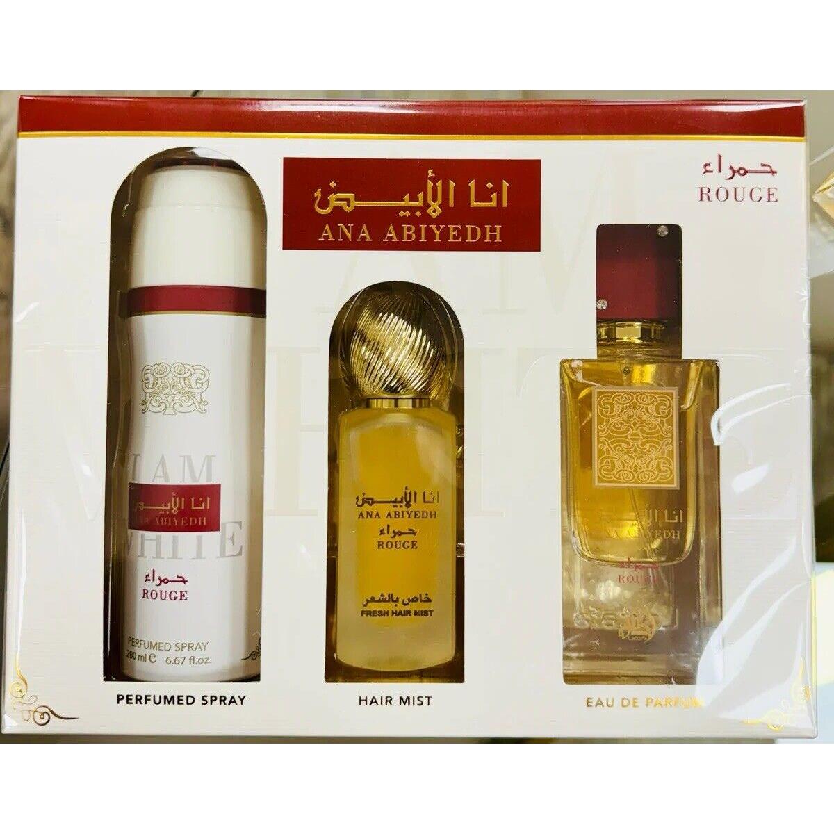 Lattafa Ana Abiyedh Rouge 3pc Set: 3.4oz Edp Spray + Hair Mist + Body Spray