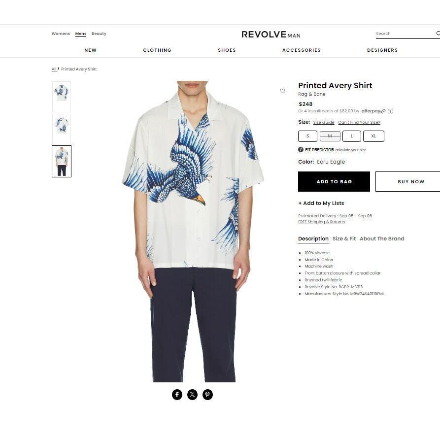 Rag Bone Men`s Avery Eagle Relaxed-fit Camp Shirt White Size Medium Bird