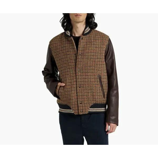 Rag Bone Harris Tweed Houndstooth Wool Varsity Jacket Mens S Brown Long Sleeve