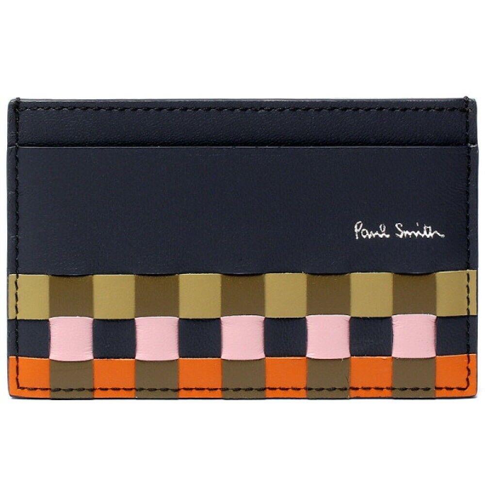 Paul Smith Navy Blue Check Card Holder - Grained Leather Multislot Silver Logo