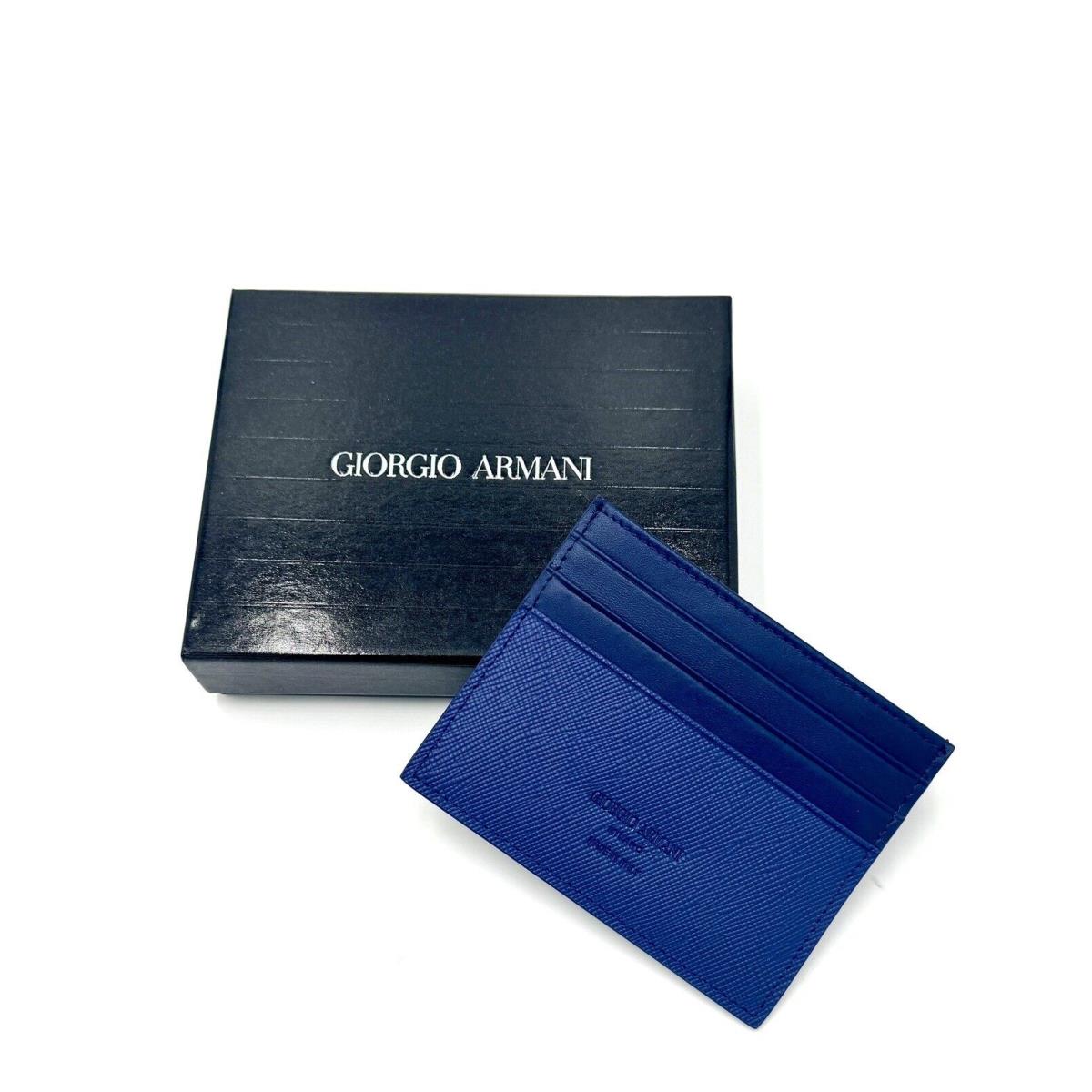 Giorgio Armani Leather Card Holder Blue Saffiano and Calf