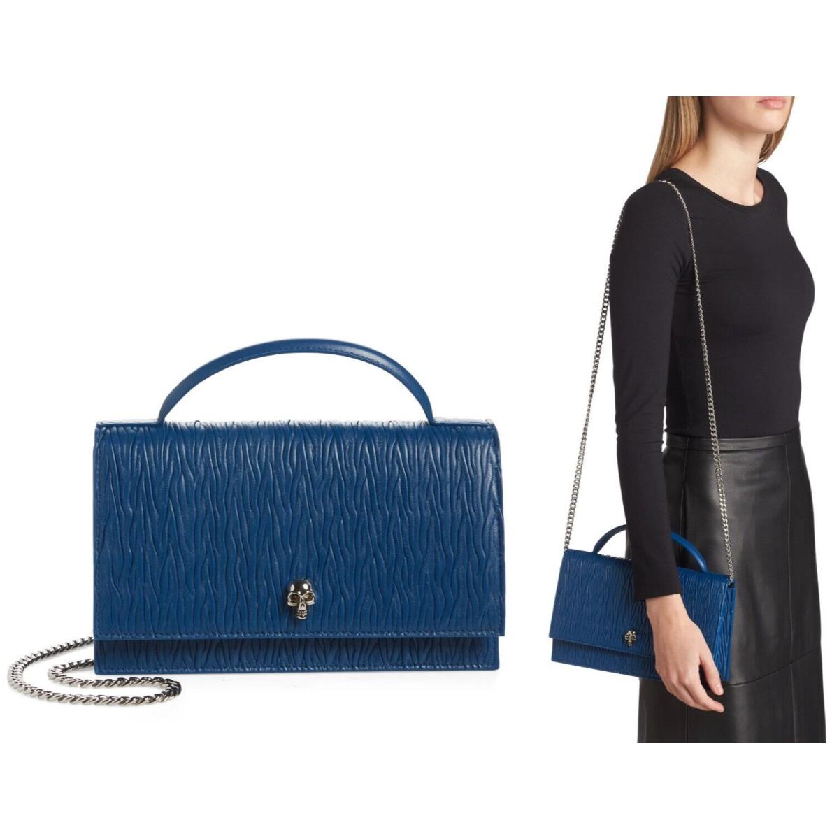 Alexander Mcqueen Medium Skull Pleated Leather Crossbody Shoulder Bag Purse Blue