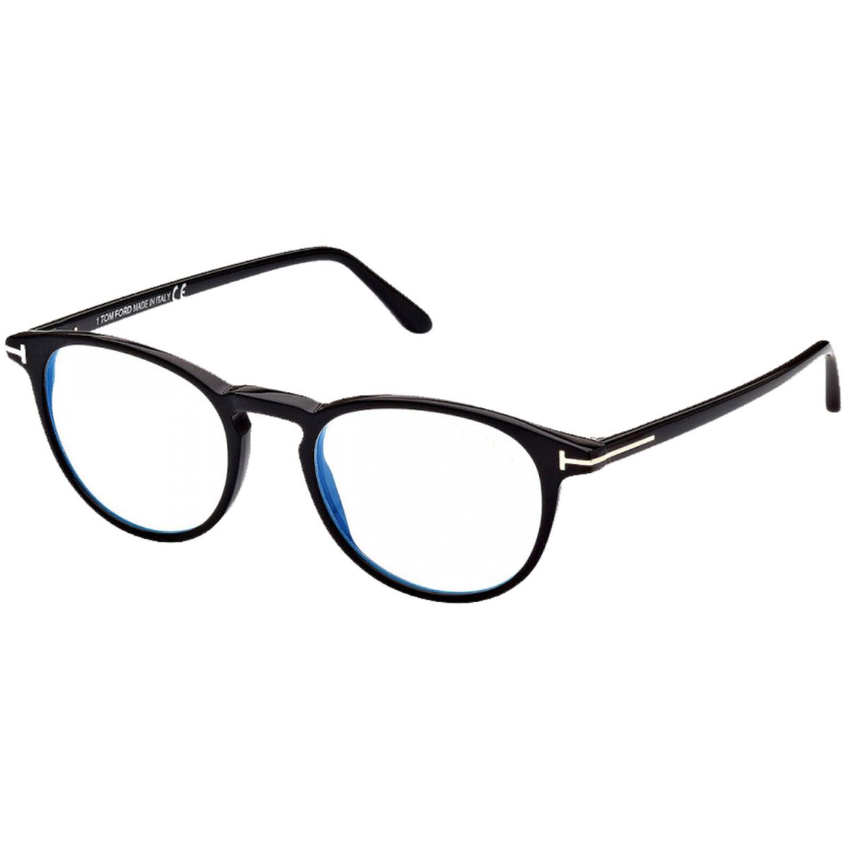 Tom Ford Men`s Shiny Black Blue Block Round Eyeglasses FT5803-B-001-49 Italy