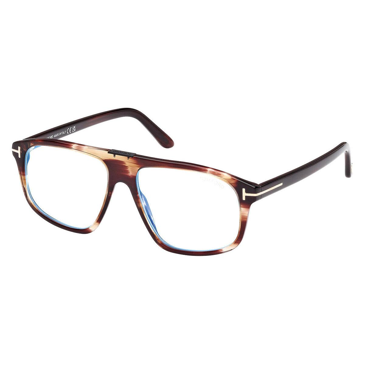 Tom Ford FT5901-B Eyeglasses Shiny Striped Brown Havana/t Logo / Blue Block