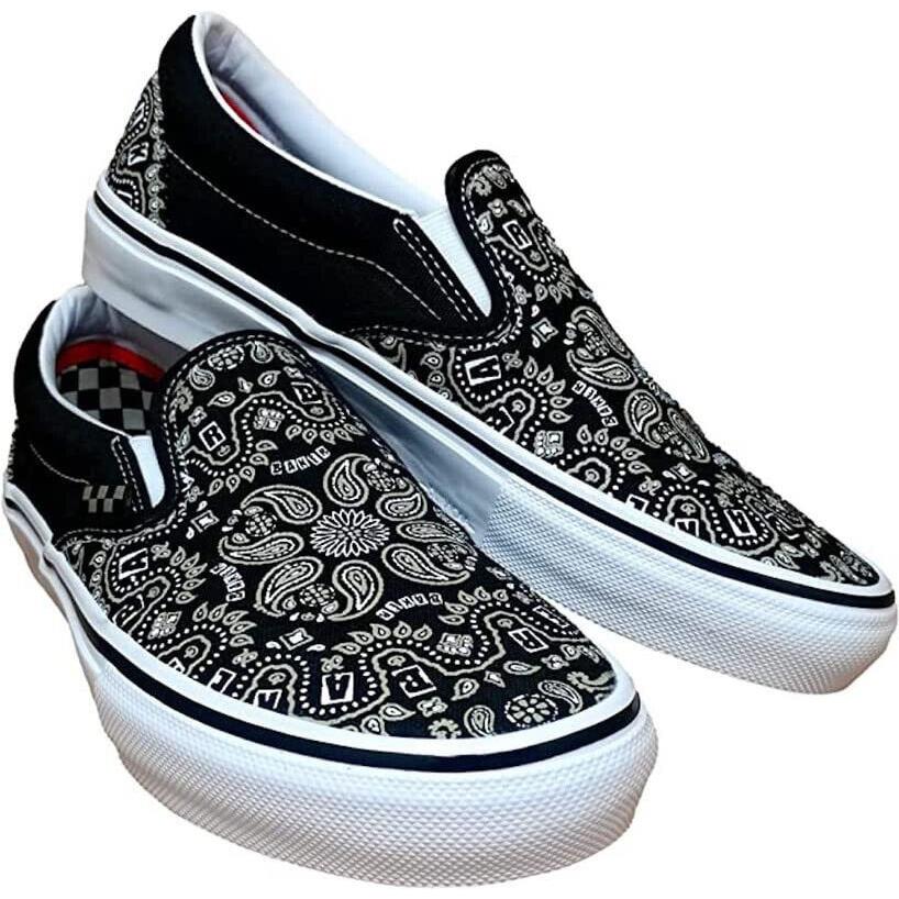 Vans Slip On Baker Bandana Black Men Size 8 Pop Cush Skateboarding Casual Shoes