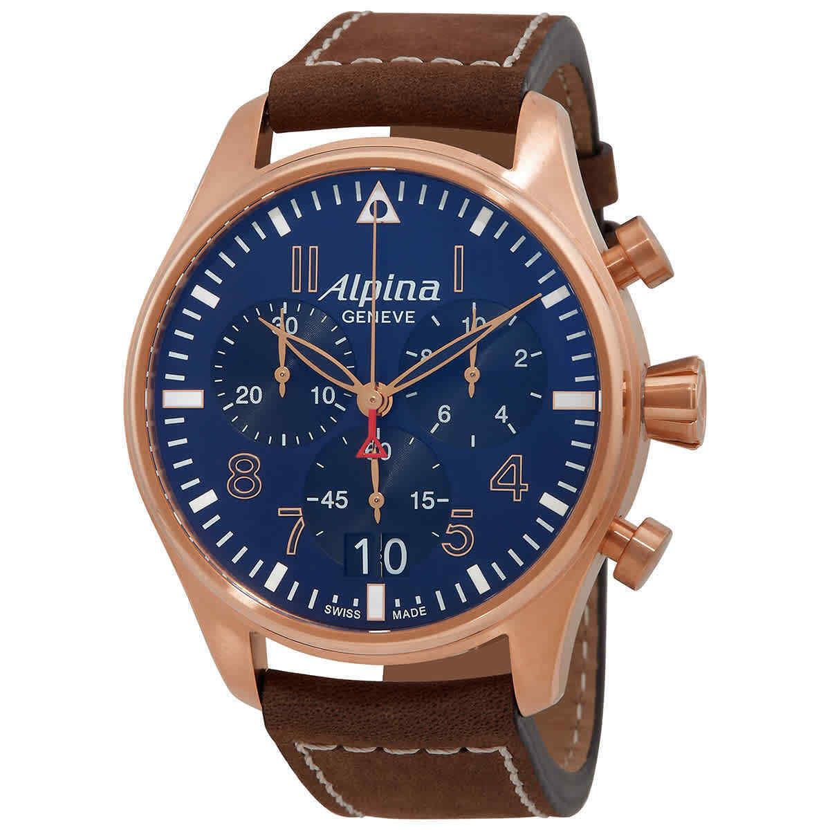 Alpina Startimer Pilot Chronograph Quartz Blue Dial Men`s Watch AL-372NB4S4 - Dial: Blue, Band: Brown, Bezel: Rose Gold-tone