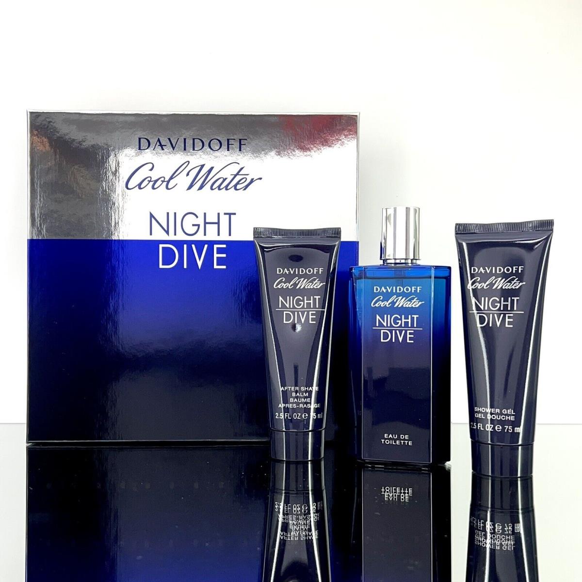 Davidoff Cool Water Night Dive 3pc Men Set 4.2oz Edt Spr +2.5oz S/gel +2.5oz A/s/b A02