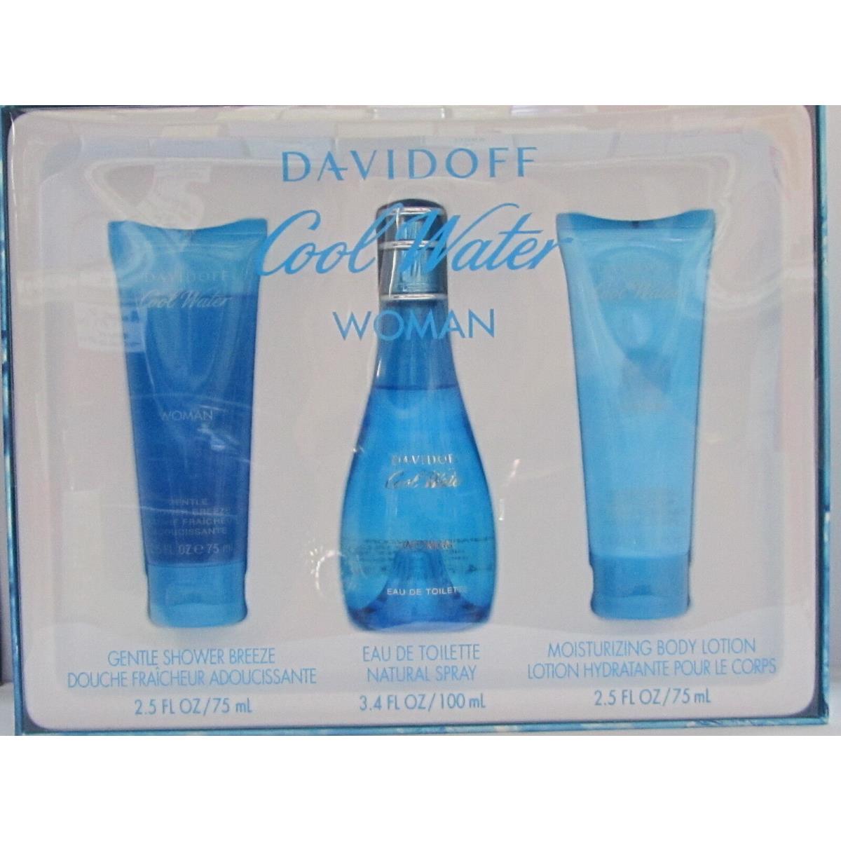 Cool Water by Davidoff Women 3 Pieces Set 3.4 oz Edt Spray + Body Lotion + Gel