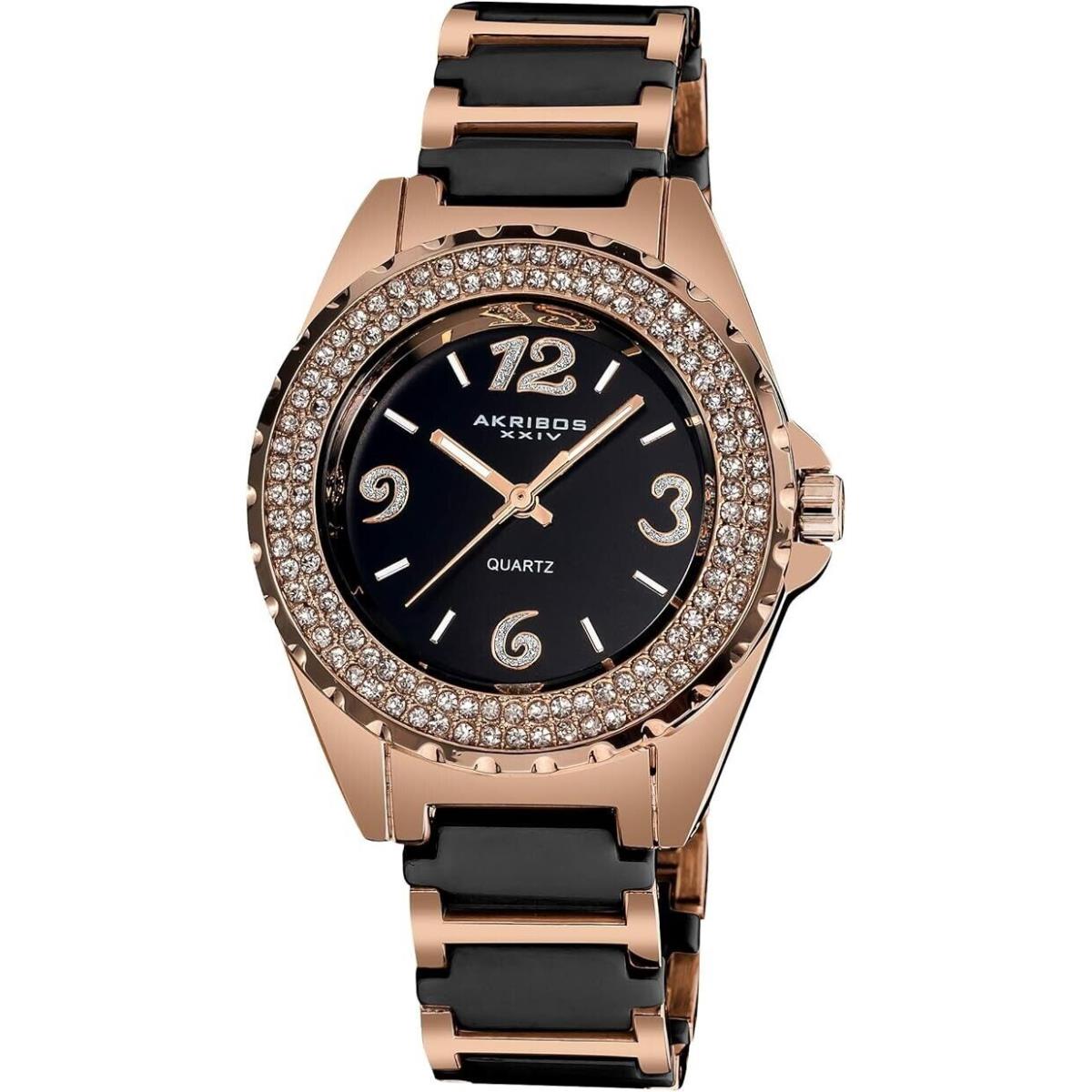 Akribos AK514 Women`s Crystal Bezel Ceramic Links Black Rosetone Watch