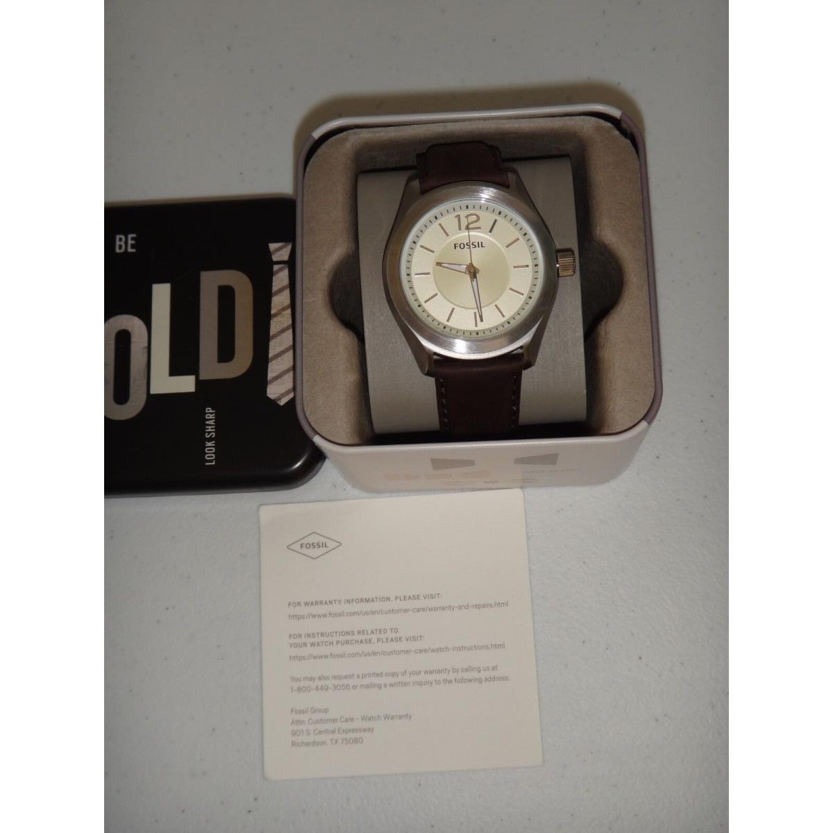 Fossil Men`s Silver S/ Steel Watch 42mm BQX6002 Brown Leather Strap Beige Dial