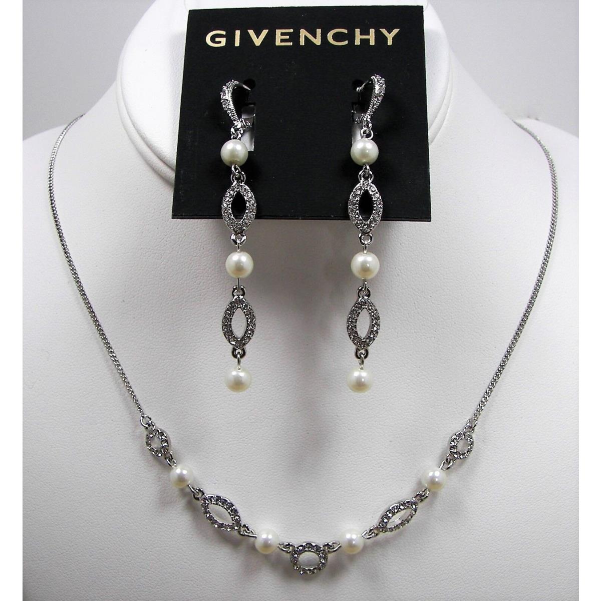 Givenchy Pearl Crystal Pave` Necklace Earrings Set Silver Tone Sparkle