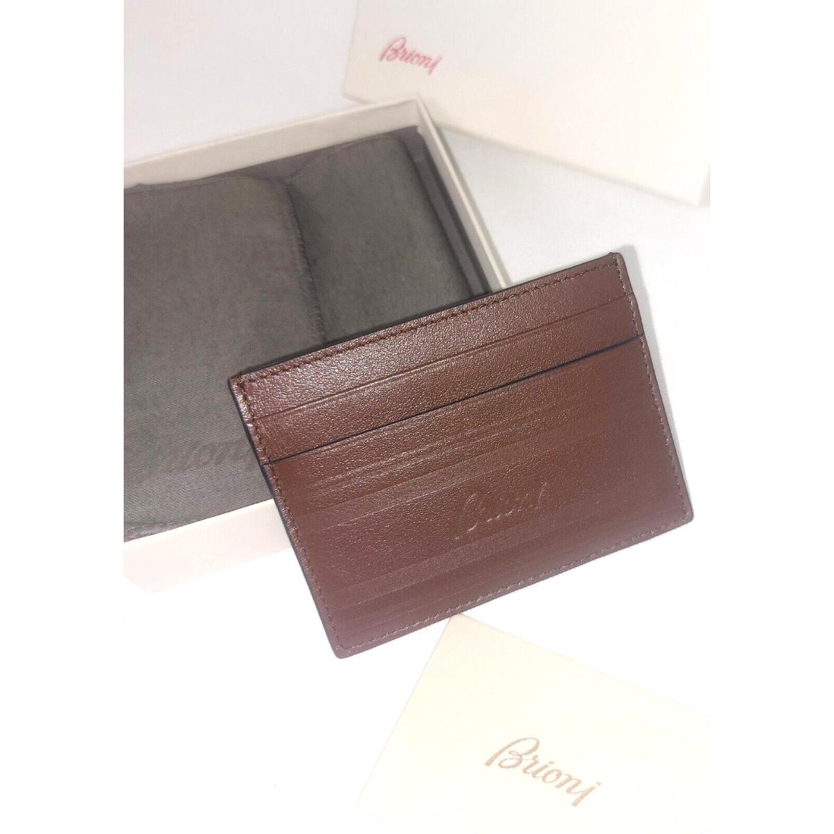 Brioni Dark Brown Leather Credit Card Holder Wallet Logo