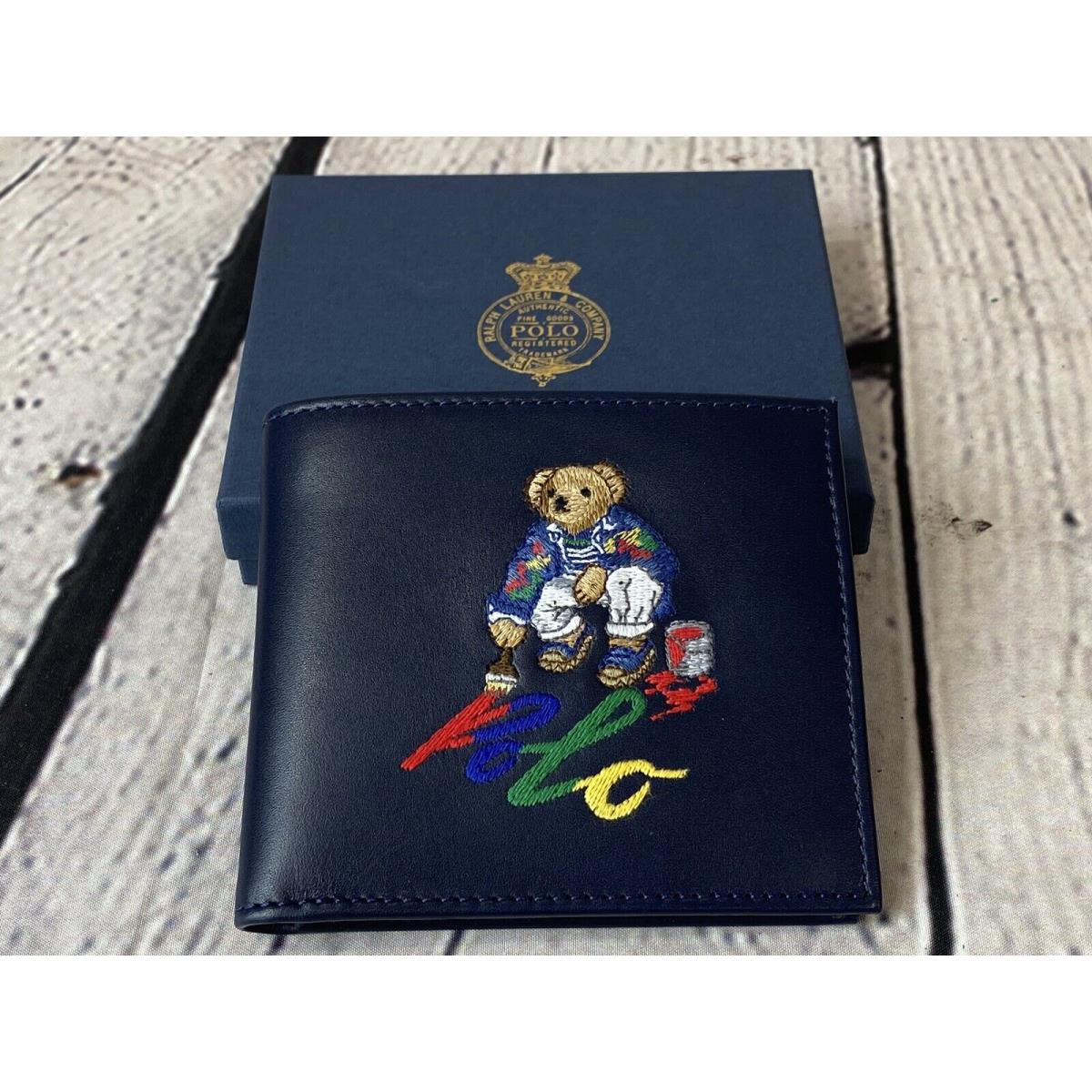 Polo Ralph Lauren Men`s Painter Bear Navy Blue Bifold Leather Wallet