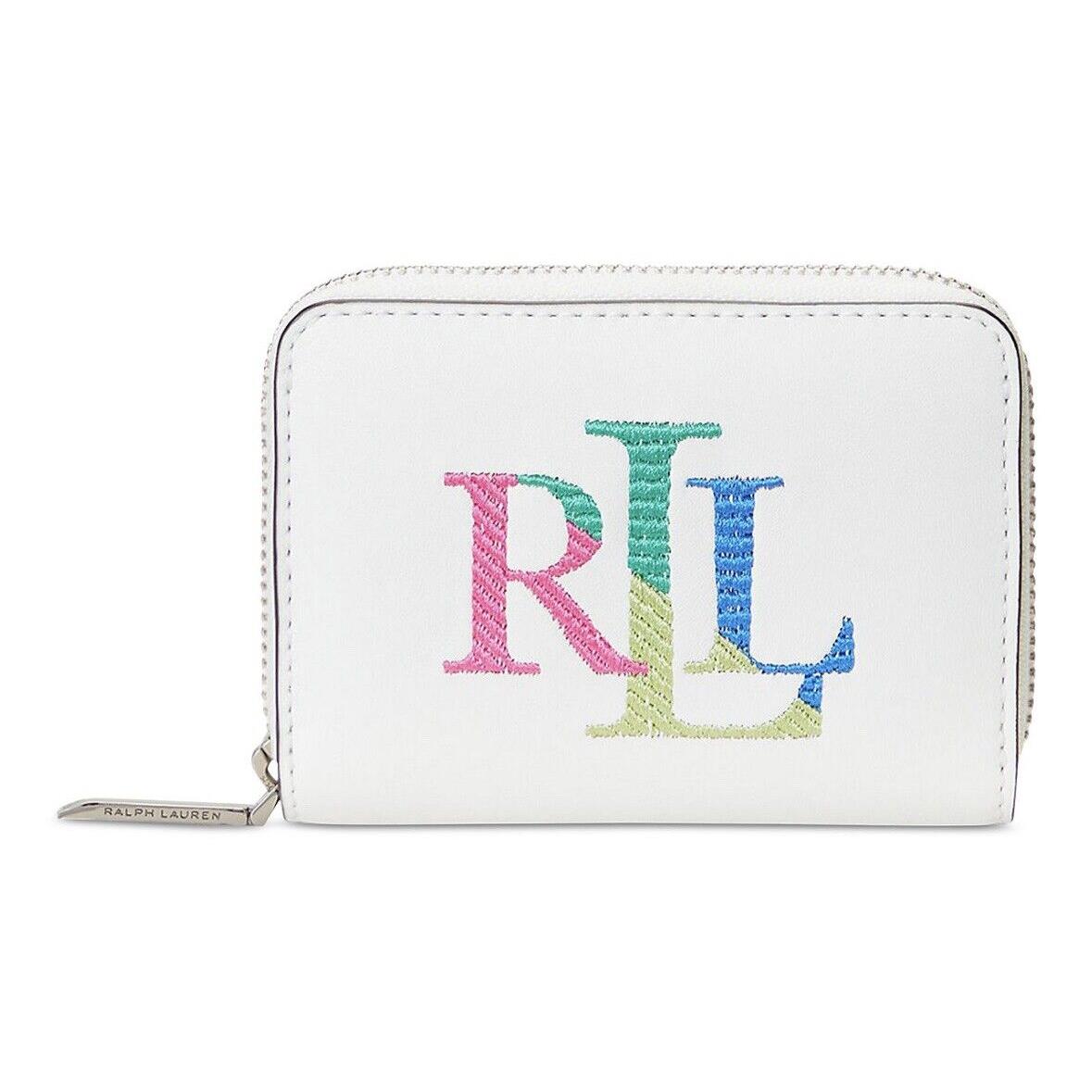 Lauren Ralph Lauren Embroidered Leather Zip Wallet in White 432905996001