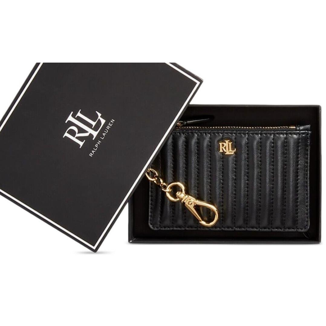 Lauren Ralph Lauren Quilted Nappa Leather Zip Card Case in Gift Box Black