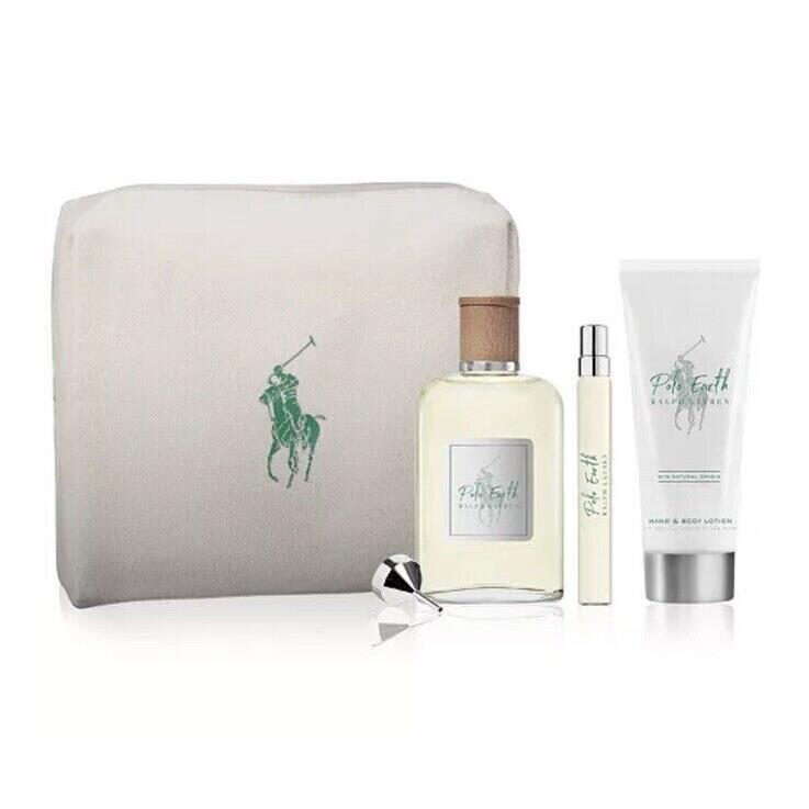 Ralph Lauren Polo Earth 4PC Set Cologne Spray 3.4 OZ + .3 OZ Spy + B/ Lotion Bag