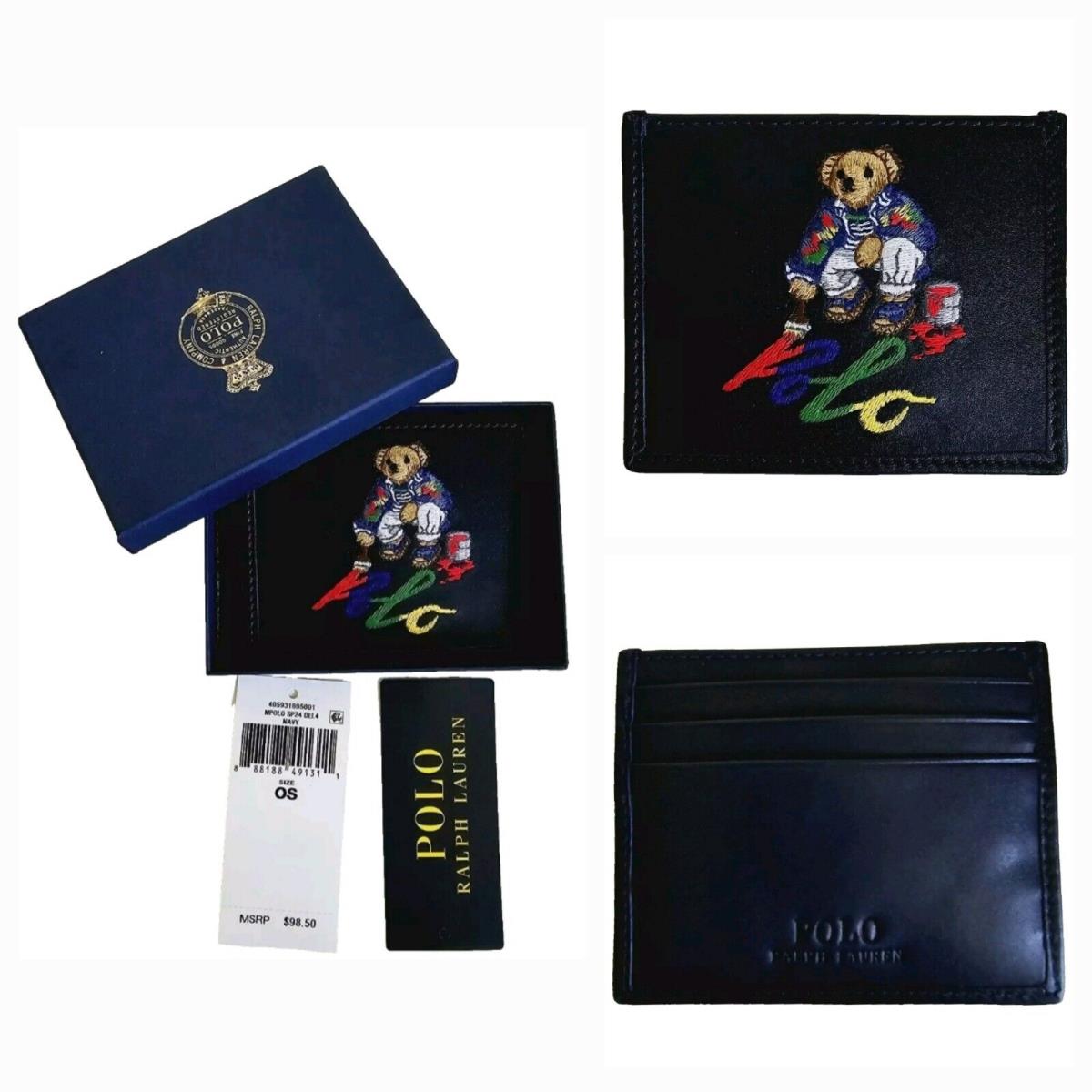 Polo Ralph Lauren Painter Polo Bear Navy Blue Leather Card Case Holder